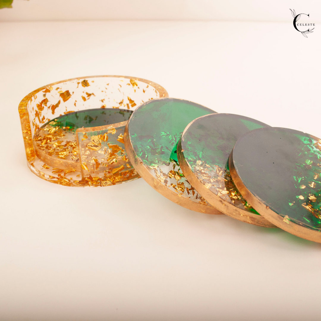 Emerald Dusk Coaster Set – Gold Leaf Edition