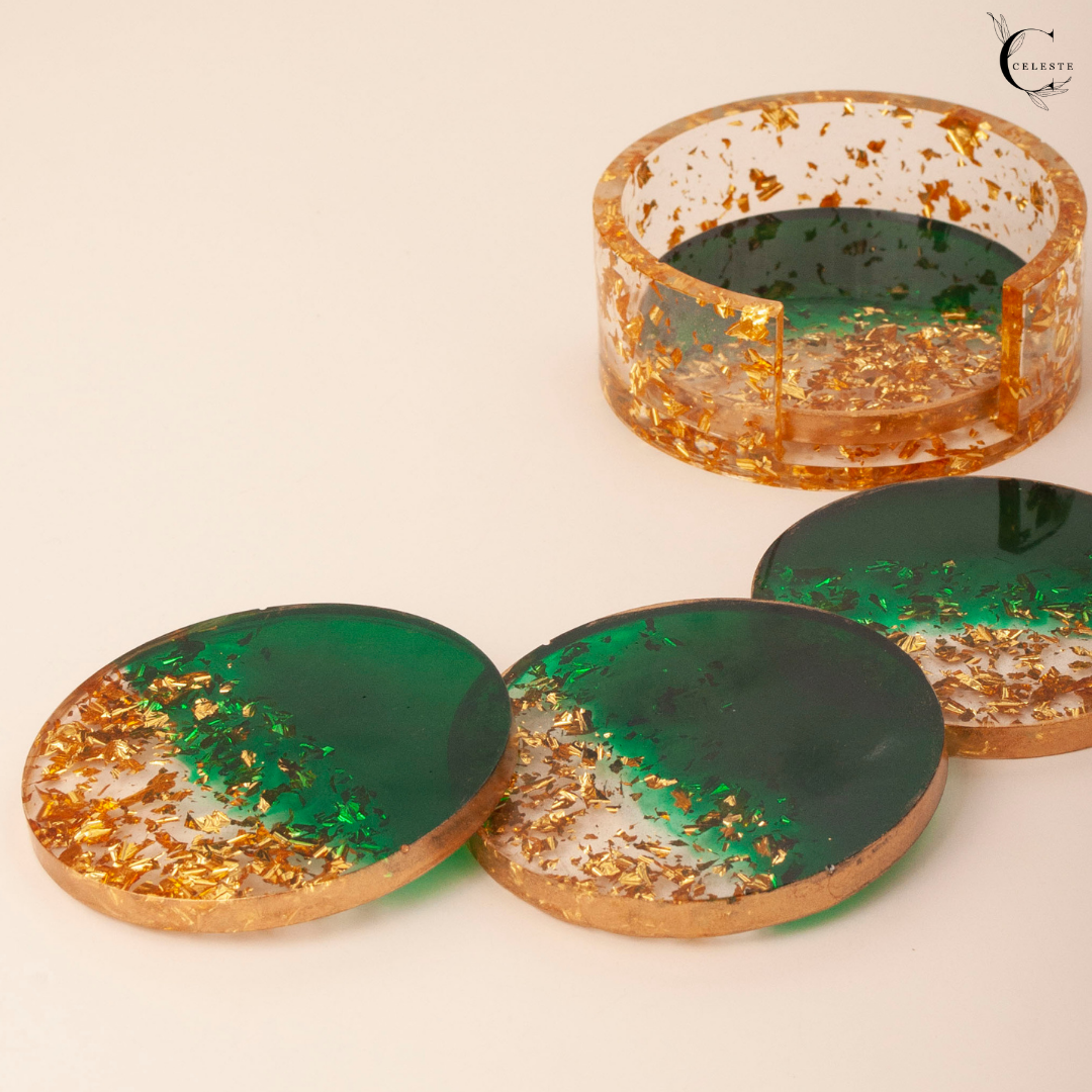 Emerald Dusk Coaster Set – Gold Leaf Edition