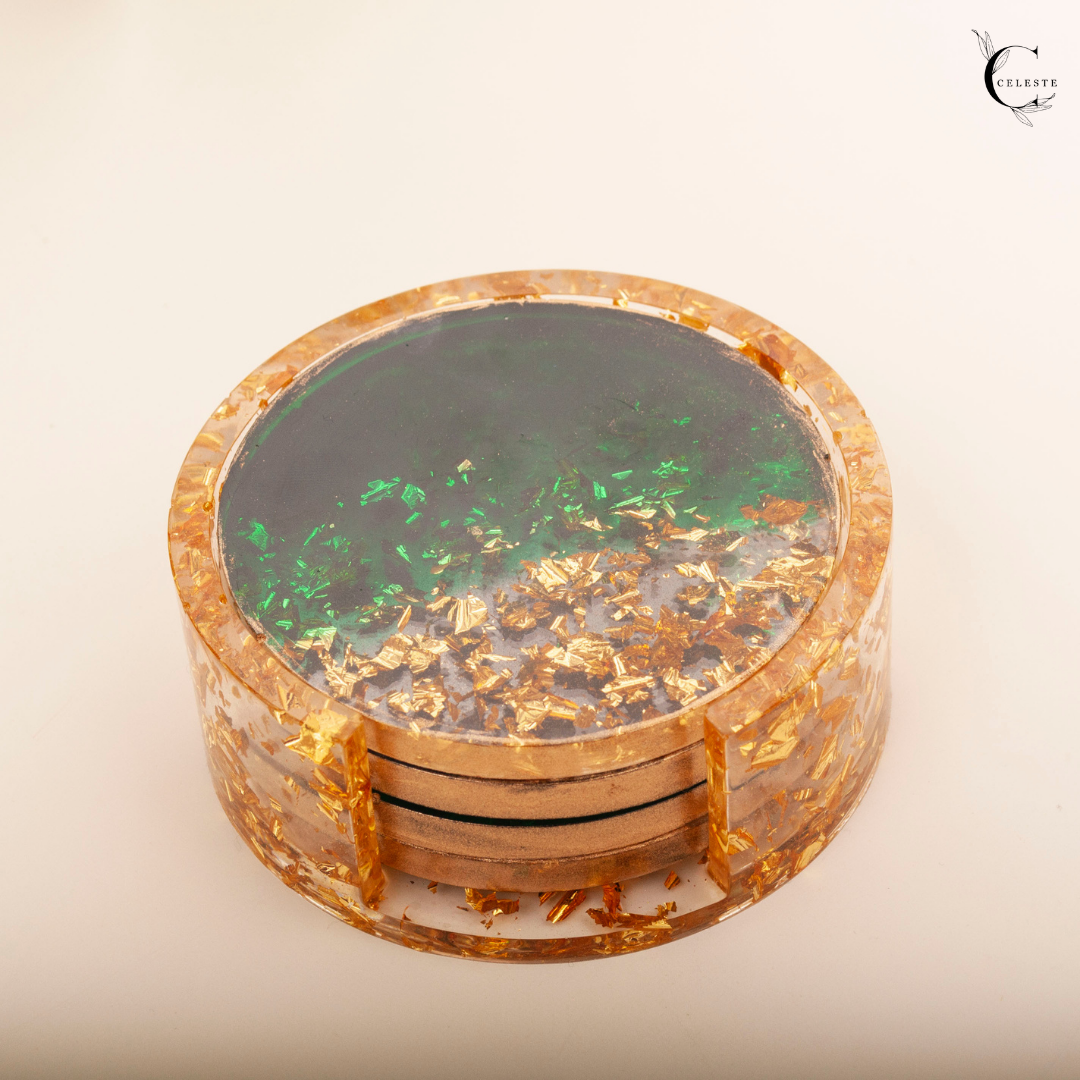 Emerald Dusk Coaster Set – Gold Leaf Edition