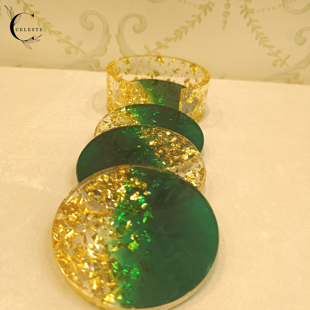 Emerald Dusk Coaster Set – Gold Leaf Edition
