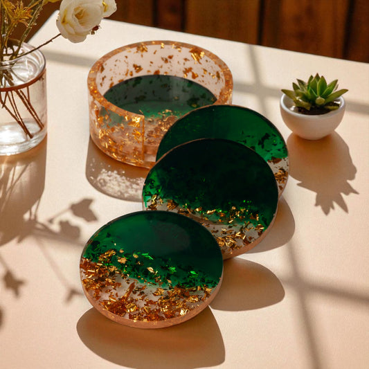 Emerald Dusk Coaster Set – Gold Leaf Edition