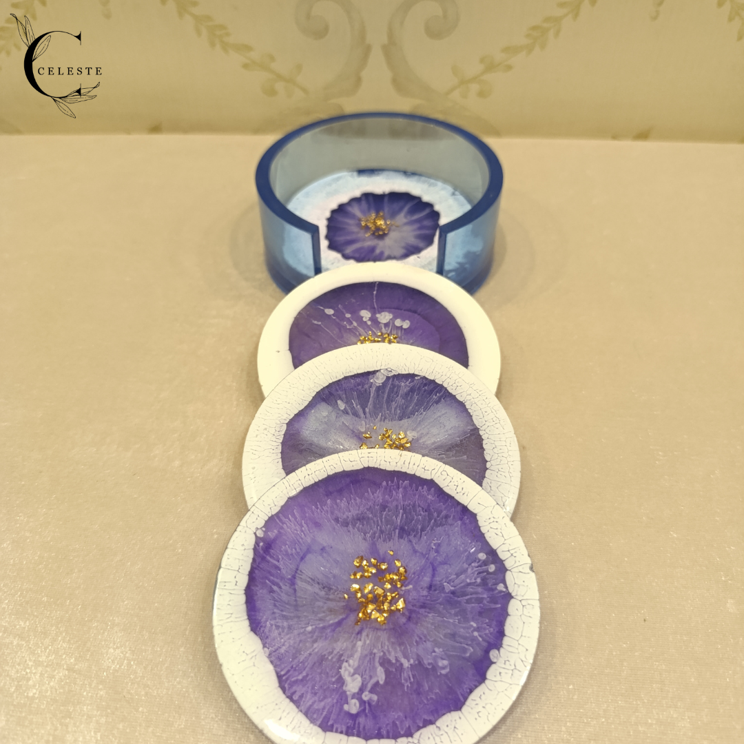 Lavender Bloom Coaster Set – Amethyst & Gold Edition